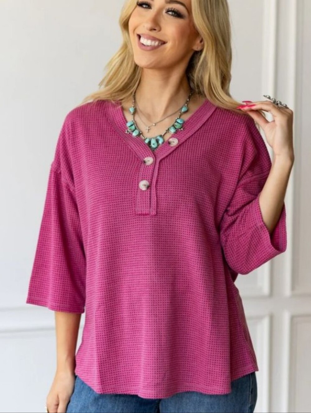 NWT Andree Waffle Faux Button Henley Half Sleeve Relaxed Tee